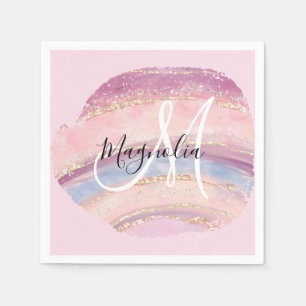Glam Gold Pink Blue Gemstone Brush Stroke Monogram Servet