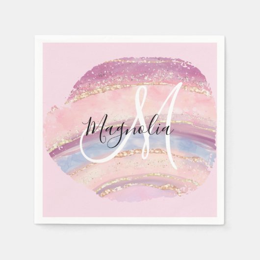 Glam Gold Pink Blue Gemstone Brush Stroke Monogram Servet (Voorkant)