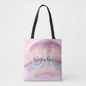 Glam Gold Pink Blue Gemstone Brush Stroke Monogram Tote Bag (Voorkant)
