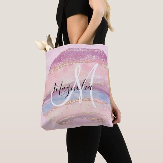 Glam Gold Pink Blue Gemstone Brush Stroke Monogram Tote Bag (Dichtbij)