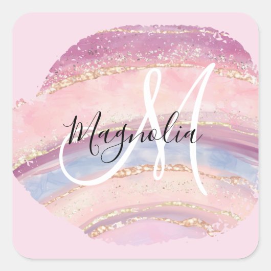 Glam Gold Pink Blue Gemstone Brush Stroke Monogram Vierkante Sticker (Voorkant)