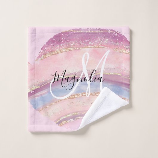 Glam Gold Pink Blue Gemstone Brush Stroke Monogram Washandje (Wasdoekje)