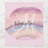 Glam Gold Pink Blue Gemstone Brush Stroke Monogram Wijn Etiket (Enkel label)