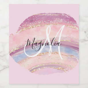 Glam Gold Pink Blue Gemstone Brush Stroke Monogram Wijn Etiket