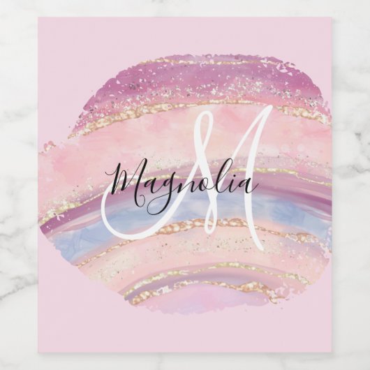 Glam Gold Pink Blue Gemstone Brush Stroke Monogram Wijn Etiket (Enkel label)