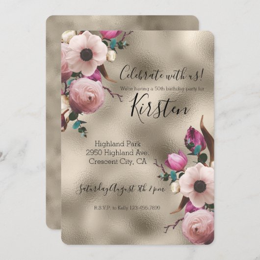 Glam Gold Pink Floral Kaart (Voorkant / Achterkant)