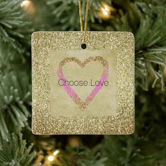 Glam Gold Pink Glitter Heart Keramisch Ornament (Boom)