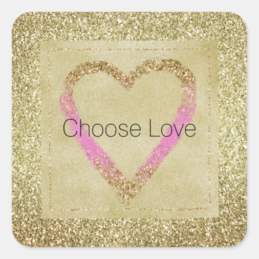 Glam Gold Pink Glitter Heart Vierkante Sticker (Voorkant)