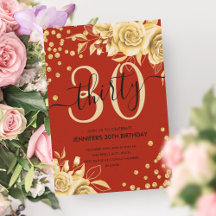 Glam Gold Red Floral Glitter 30e verjaardag Script