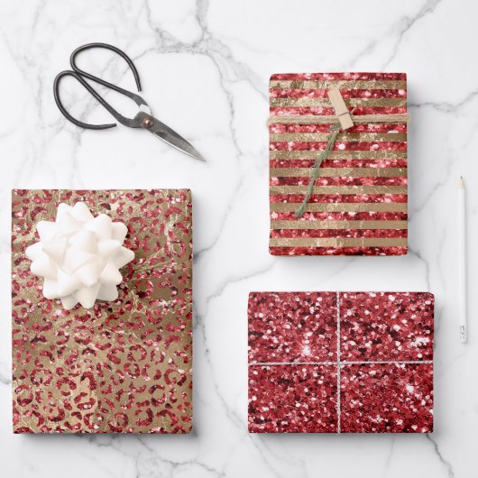 Glam Gold Red Glitter Luipaard Print Inpakpapier Vel (Voorkant)