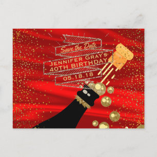 Glam Gold Red Save the Date Champagne Birthday Aankondigingskaart