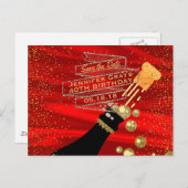 Glam Gold Red Save the Date Champagne Verjaardag Aankondigingskaart (Voorkant / Achterkant)