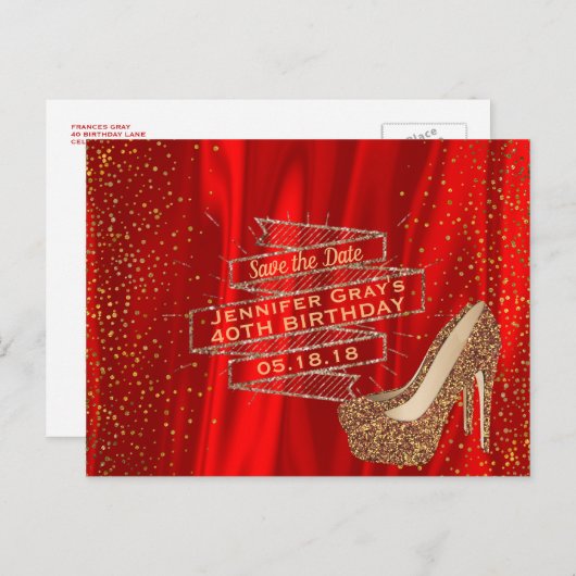 Glam Gold Red Save the Date Elegant Verjaardagsfee Aankondigingskaart (Voorkant / Achterkant)