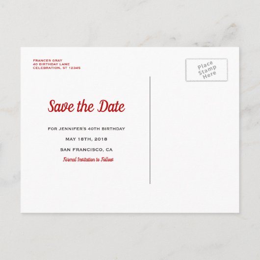 Glam Gold Red Save the Date Elegant Verjaardagsfee Aankondigingskaart (Achterkant)