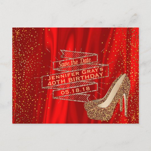 Glam Gold Red Save the Date Elegant Verjaardagsfee Aankondigingskaart (Voorkant)