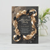 Glam Gold Ribbon Black Bow Christmas Party Kaart (Staand voorkant)