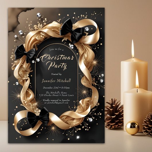 Glam Gold Ribbon Black Bow Christmas Party Kaart