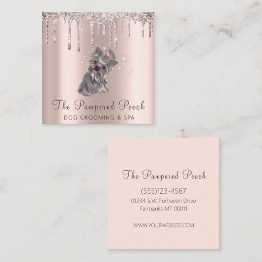 Glam Gold Roos Glitter Drift Dog Grooming Service Vierkante Visitekaartje (Voorkant / Achterkant)
