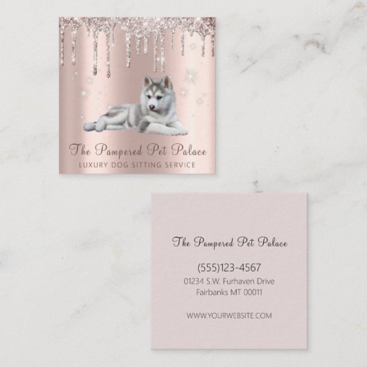 Glam Gold Roos Glitter Drift Script Pet Sitting Vierkante Visitekaartje (Voorkant / Achterkant)