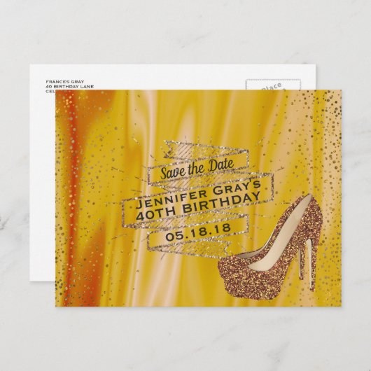 Glam Gold Save the Date Elegant Verjaardagsfeest Aankondigingskaart (Voorkant / Achterkant)