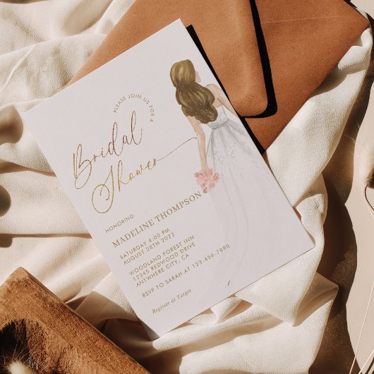 Glam Gold Script Ivory Bride Gown Vrijgezellenfees Kaart