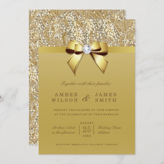 Glam Gold Sequins en Bow Bruiloft Kaart (Voorkant / Achterkant)