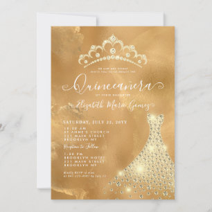 Glam Gold Sparkle Diamond Tiara Dress Quinceanera Kaart