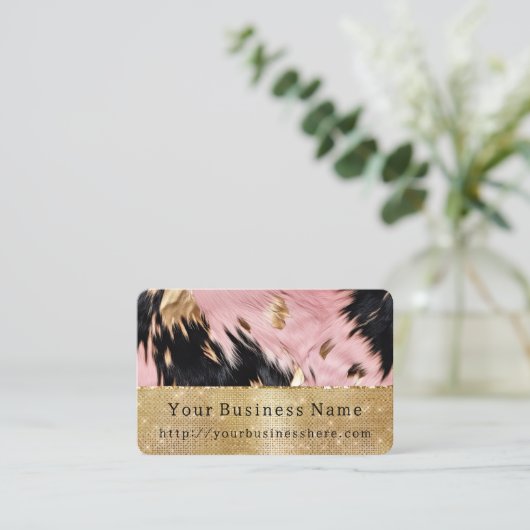 Glam Gold Sparkle Roze Zwart Koeienhuid Visitekaartje (Staand voorkant)
