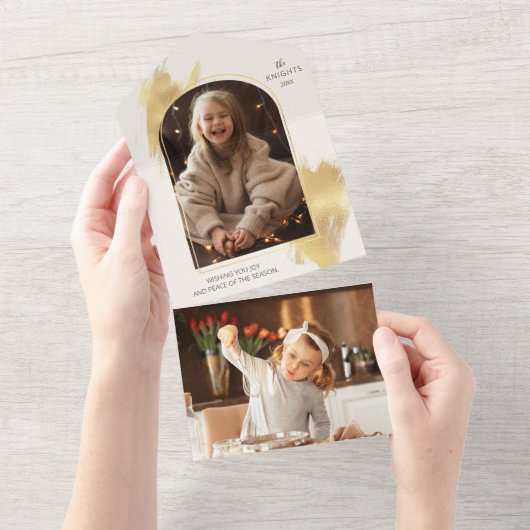 Glam Gold Swashes & Arch Holiday Foto All In One Uitnodiging (Afscheurbaar)