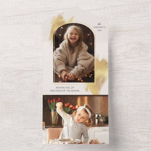 Glam Gold Swashes & Arch Holiday Foto All In One Uitnodiging (Binnen)