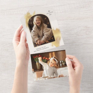 Glam Gold Swashes & Arch Holiday Foto All In One Uitnodiging