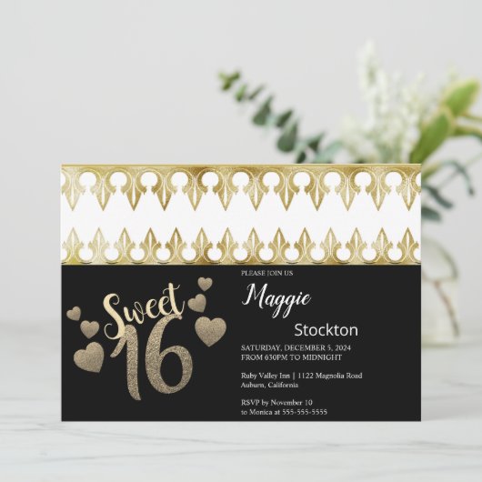 Glam Gold Sweet 16 Uitnodiging (Staand voorkant)