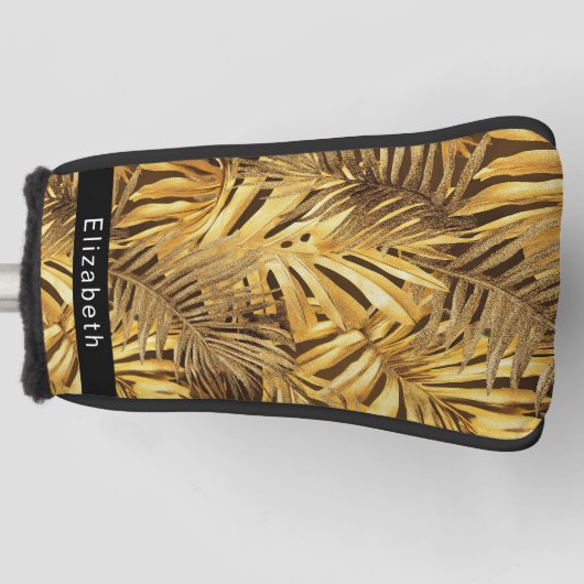 Glam Gold Tropical Leaves Personalized Golfheadcover (Voorkant)