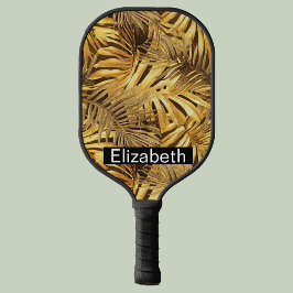 Glam Gold Tropical Leaves Personalized Pickleball Paddle