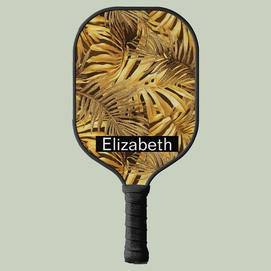 Glam Gold Tropical Leaves Personalized Pickleball Paddle