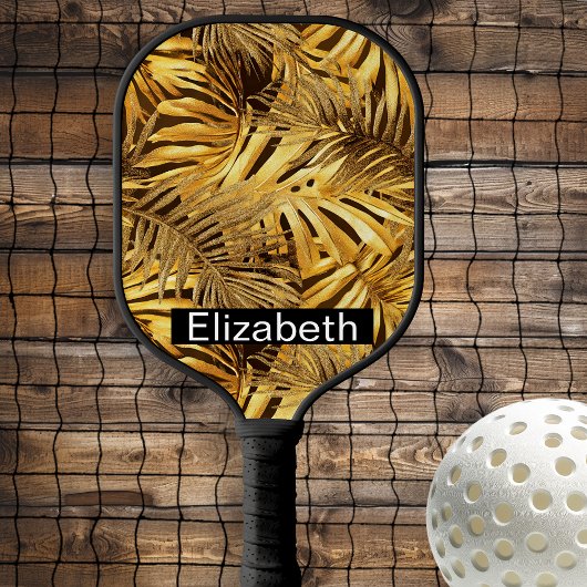 Glam Gold Tropical Leaves Personalized Pickleball Paddle