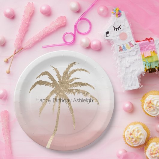 Glam Gold Tropical Palm Pink ombre Papieren Bordje (Feest)