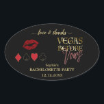 Glam Gold Vegas voor Vows Casino Bachelorette Ovale Sticker<br><div class="desc">Vegas Voor Vows Bachelorette Weekend. Dit ontwerp kenmerkt "Vegas Before Vows"typografie met gouden gradiëntbekleding en neon teksteffect,  rode lippen,  speelkaartenpak. Gebruik het gereedschap Personaliseren om je gegevens toe te voegen. Voor meer,  bezoek alsjeblieft mijn Casino Bachelorette Collectie.</div>