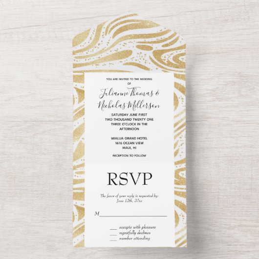 Glam Gold White Abstracte wervelingen bruiloft All In One Uitnodiging (Binnen)