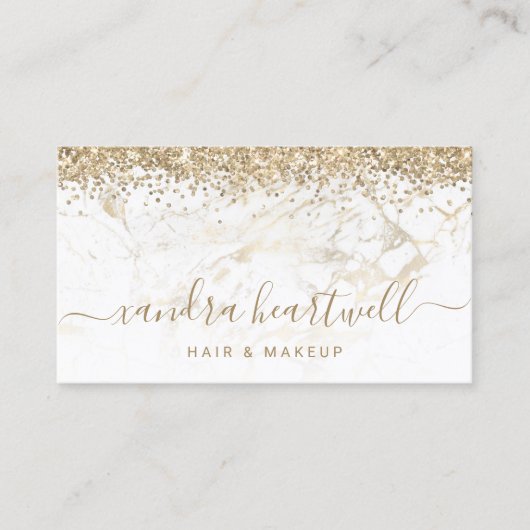 Glam Gold White Marble Glitter Script Visitekaartje (Voorkant)