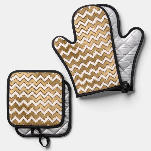 Glam Gold White Zigzag Stripes Ovenwant & Pannenlap Set (Voorkant / Achterkant)