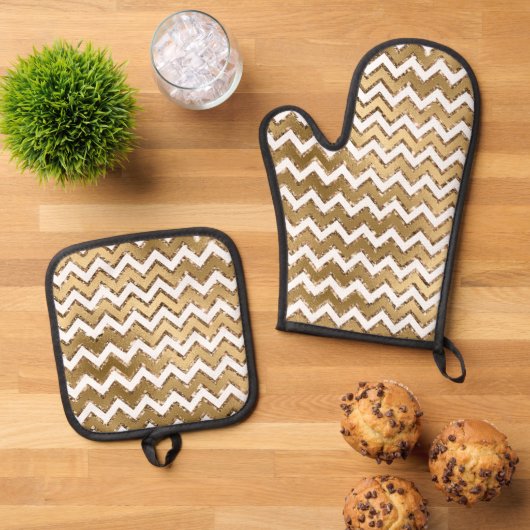Glam Gold White Zigzag Stripes Ovenwant & Pannenlap Set (Top down)