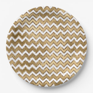 Glam Gold White Zigzag Stripes Papieren Bordje