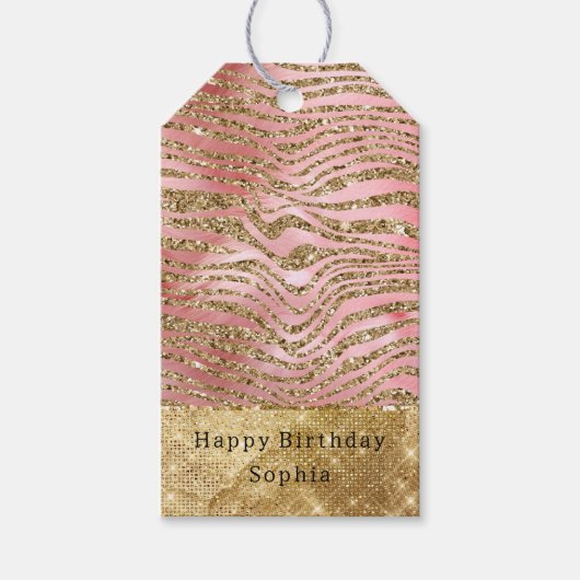 Glam Gold Zebra Glitter Roze Bont Cadeaulabel (Voorkant)
