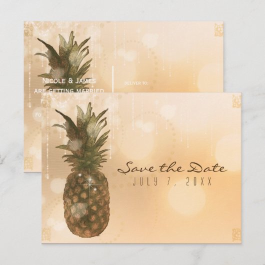 Glam Golden Ananas Elegant Save the Date Aankondigingskaart (Voorkant / Achterkant)