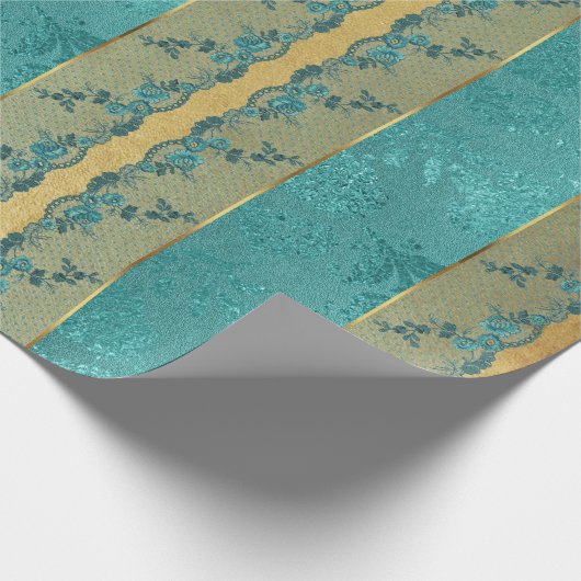 Glam Golden Folie Bloemen Aquamarijn Kant Cadeaupapier (Hoek)