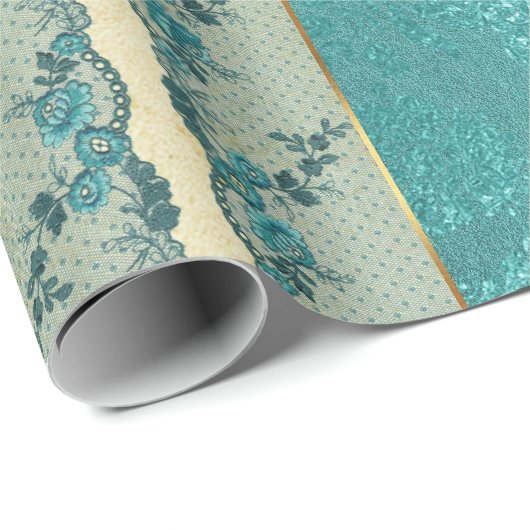 Glam Golden Folie Bloemen Aquamarijn Kant Cadeaupapier (Rol Hoek)