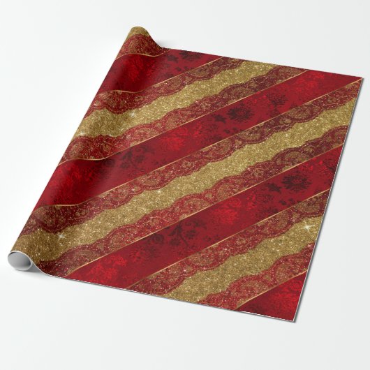 Glam Golden Glitter Red Shiny Lace Vip Cadeaupapier (Uitgerold)
