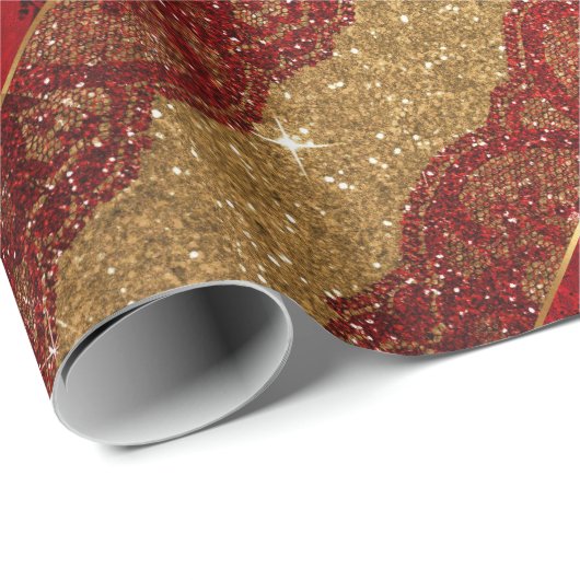 Glam Golden Glitter Red Shiny Lace Vip Cadeaupapier (Rol Hoek)