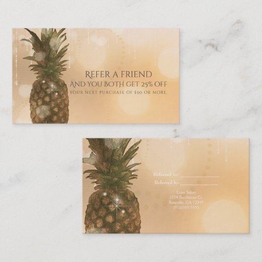 Glam Golden Pineapple Elegant Verwijs een vriend K Aanbevelingskaartje (Voorkant / Achterkant)